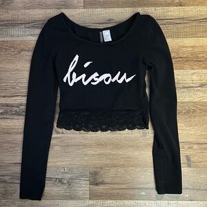 H&M Black Long Sleeve Crop Top with Lace Hem